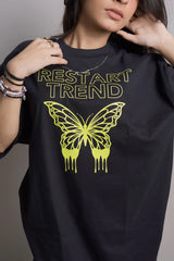 Restart Trend Streetwear Culture Butterfly Design Printed Oversized T-shirt
